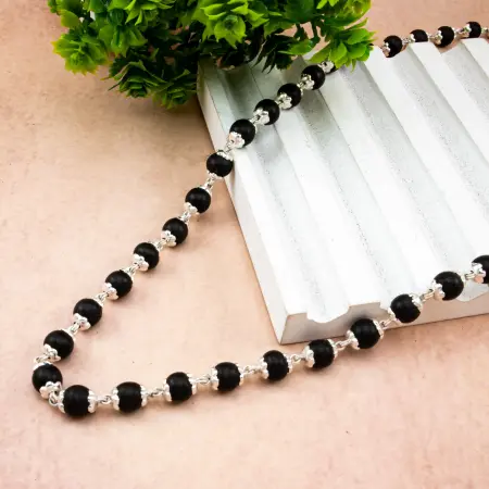 ✨ Karungali Silver Cap Malai – Certified | Pure Ebony Wood | 54 Beads (6-8 mm) ✨