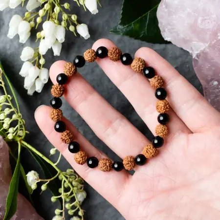 Natural 5 Mukhi Rudraksha Bracelet with Black Onyx 8mm – Unisex Nepal Rudraksha | Love, Wealth & Health Attractor | 100% Authentic + Lab Certified 🔱